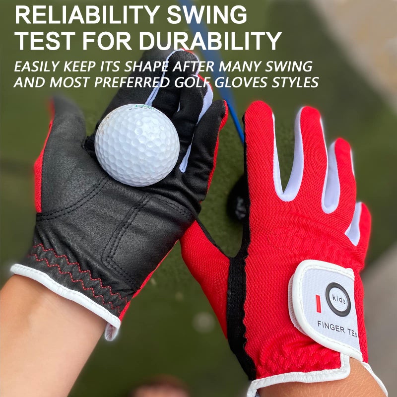 FINGER TEN Golf Gloves for Kids Boys Girls Both Left Right Hand Value 1 Pair, Toddler Junior Youth Golf Glove White Green Black (Red, Medium) - Image 3