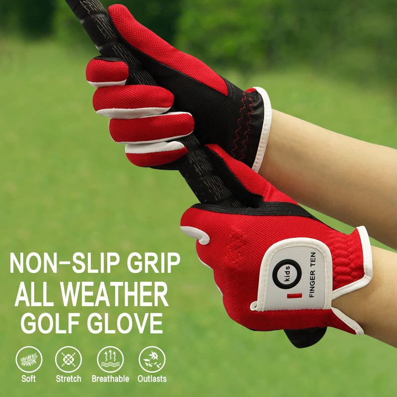 FINGER TEN Golf Gloves for Kids Boys Girls Both Left Right Hand Value 1 Pair, Toddler Junior Youth Golf Glove White Green Black (Red, Medium) - Image 4
