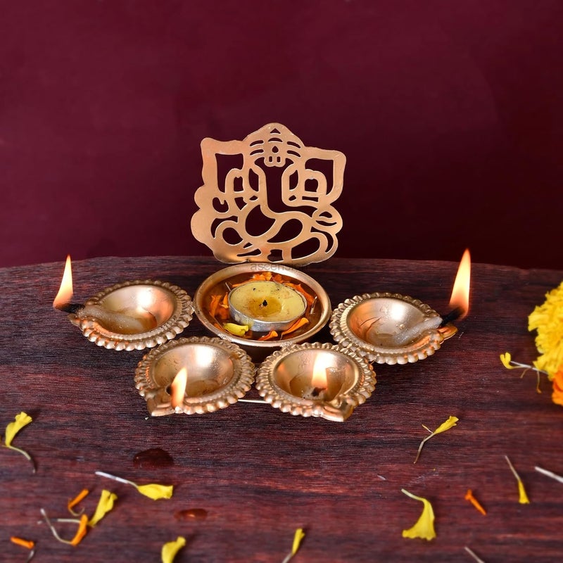 Ascension Ganesh Ji Design Urli Bowl for Home Diwali Decor with 4 Attached Oil Diyas for Floating Flowers and Tealight Candles Home Table Diwali Decoration Items for Home Pooja Room (7 inch) - Image 1