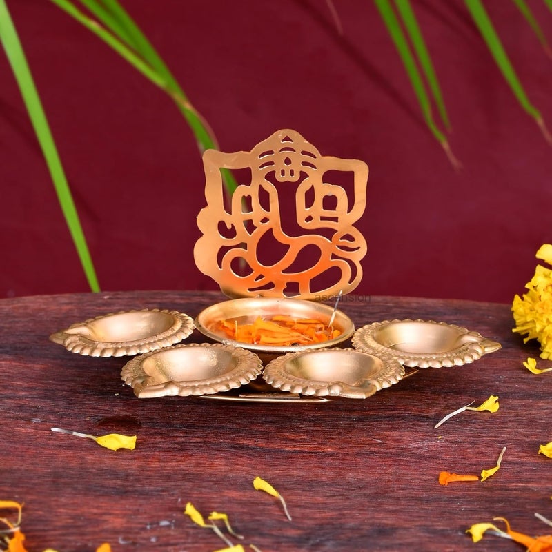 Ascension Ganesh Ji Design Urli Bowl for Home Diwali Decor with 4 Attached Oil Diyas for Floating Flowers and Tealight Candles Home Table Diwali Decoration Items for Home Pooja Room (7 inch) - Image 2