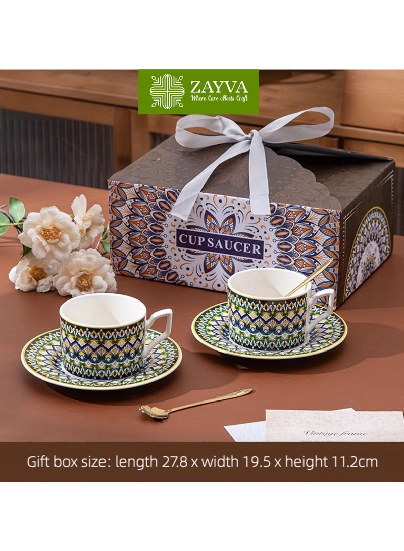 ZAYVA Luxury Ceramic Coffee Cup Set & Mug Gift Collection (2 Cups, 2 Saucers, 2 Petal-Shaped Golden Spoons) - Marrakech Oasis Elegance, Fusion of Bohemian Spirit and Middle Eastern Craftsmanship, Premium Gift for Home, Office, and Gatherings - Image 1