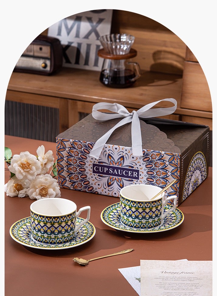 ZAYVA Luxury Ceramic Coffee Cup Set & Mug Gift Collection (2 Cups, 2 Saucers, 2 Petal-Shaped Golden Spoons) - Marrakech Oasis Elegance, Fusion of Bohemian Spirit and Middle Eastern Craftsmanship, Premium Gift for Home, Office, and Gatherings - Image 3