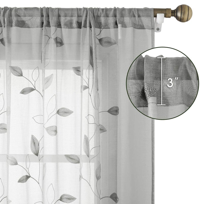 HOMEIDEAS Light Grey/Gray Sheer Curtains 52 X 84 Inches Long 2 Panels Embroidered Leaf Pattern Pocket Faux Linen Floral Semi Sheer Voile Window Curtains/Drapes for Bedroom Living Room - Image 5
