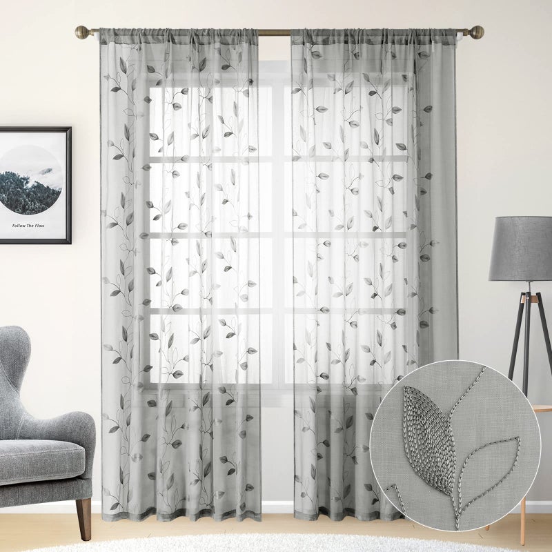 HOMEIDEAS Light Grey/Gray Sheer Curtains 52 X 84 Inches Long 2 Panels Embroidered Leaf Pattern Pocket Faux Linen Floral Semi Sheer Voile Window Curtains/Drapes for Bedroom Living Room - Image 1