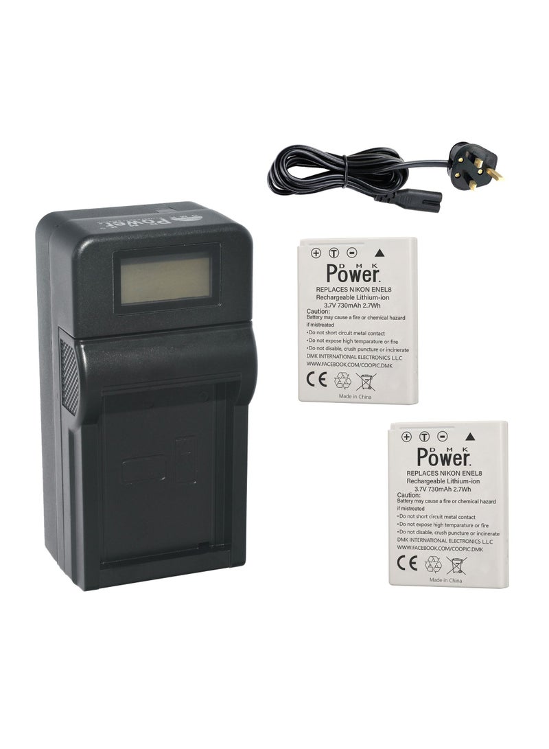 DMK Power 2x EN-EL8 730mAh Camera Battery with TC1000 LCD Battery Charger Compatible with Nikon Coolpix P1 P2 S1 S2 S3 S5 S6 S7 S7c Coolpix S8 S9 S50 S51 S51c S52 S52c Cool-Station MV-11 MV-121 - Image 1