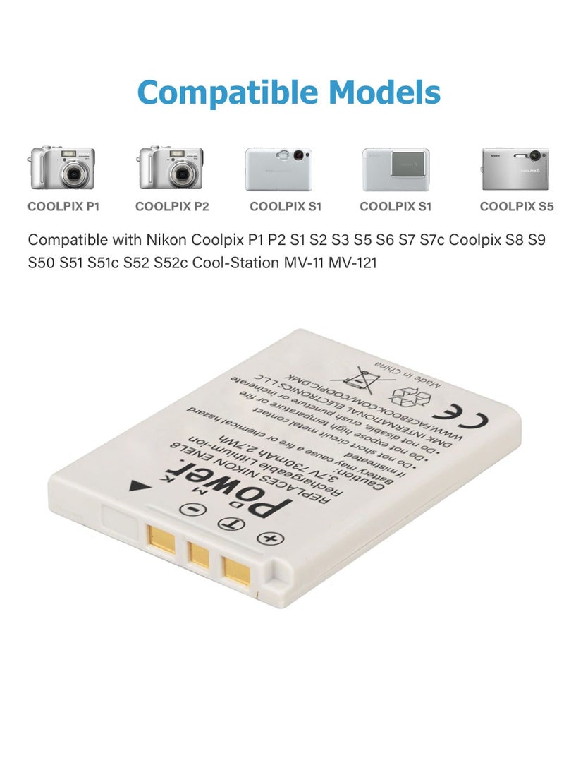 DMK Power 2x EN-EL8 730mAh Camera Battery with TC1000 LCD Battery Charger Compatible with Nikon Coolpix P1 P2 S1 S2 S3 S5 S6 S7 S7c Coolpix S8 S9 S50 S51 S51c S52 S52c Cool-Station MV-11 MV-121 - Image 4