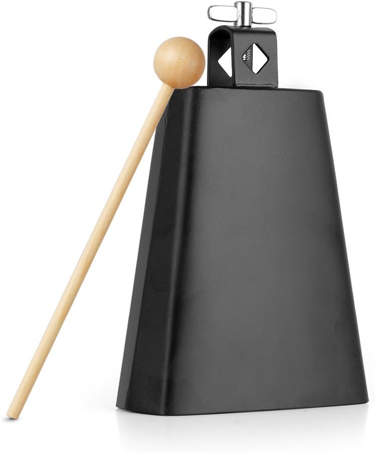 Vangoa 6 Inch Steel Cowbell Cheering Bell for Sports Events Solid School Bells, Cow bell with Stick for Drum Set Chimes Percussion Musical Instruments Call Bell Alarm, - Image 1