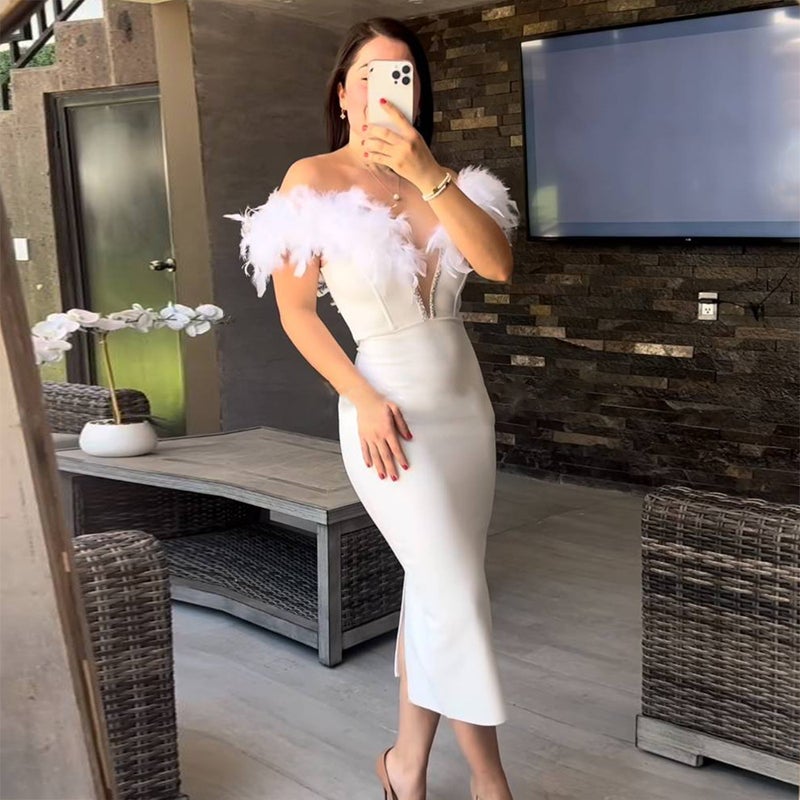 Feather Embellished Party Dress Rose - Image 3