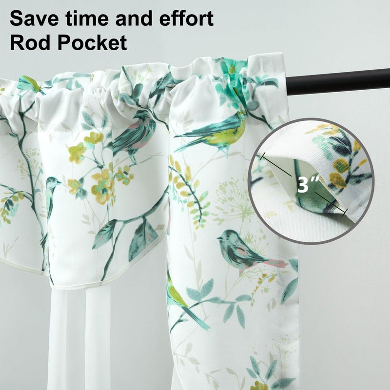 VOGOL VOGOL Faux Linen Rod Pocket Valance  1 Panel Double Layers View Reducing Wavy Kitchen Valance  Country Style Birds Print Window Treatment with White Sheer Layer for Cafe  Grey  52 x 18  - Image 5