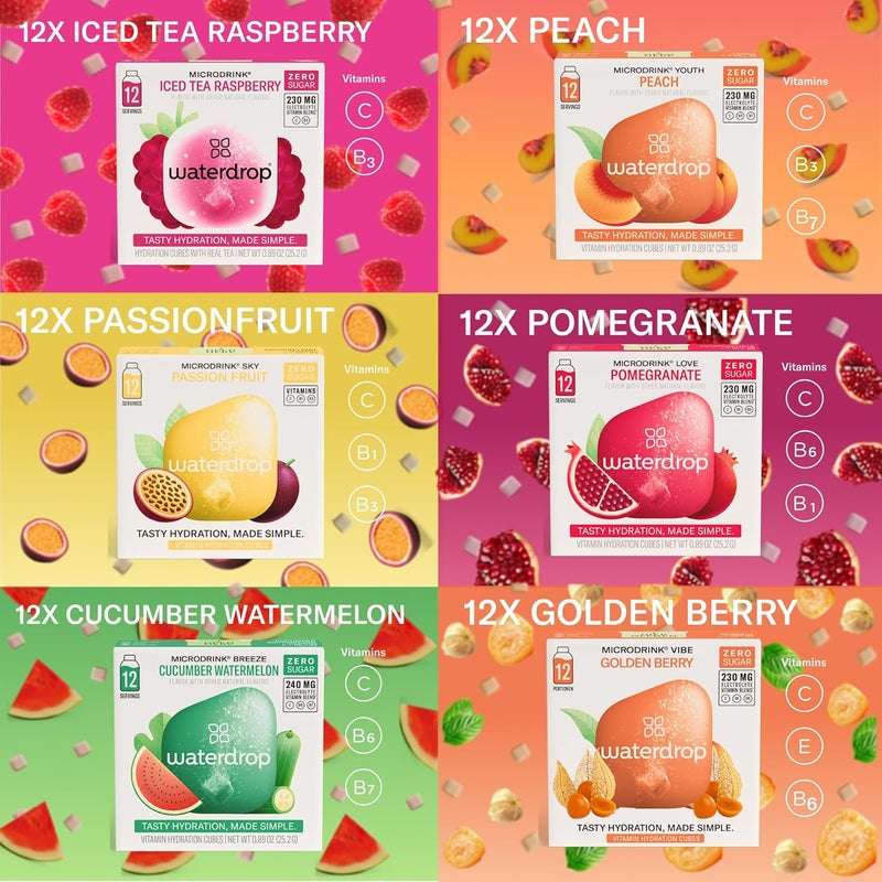 waterdrop MICRODRINK Waterdrop Hydration Cubes Variety Pack with Vitamin C, B Vitamins, and Electrolytes - 6 Flavor Sugar-Free Enhancer for Still & Sparkling Water, 72 Count - Image 5