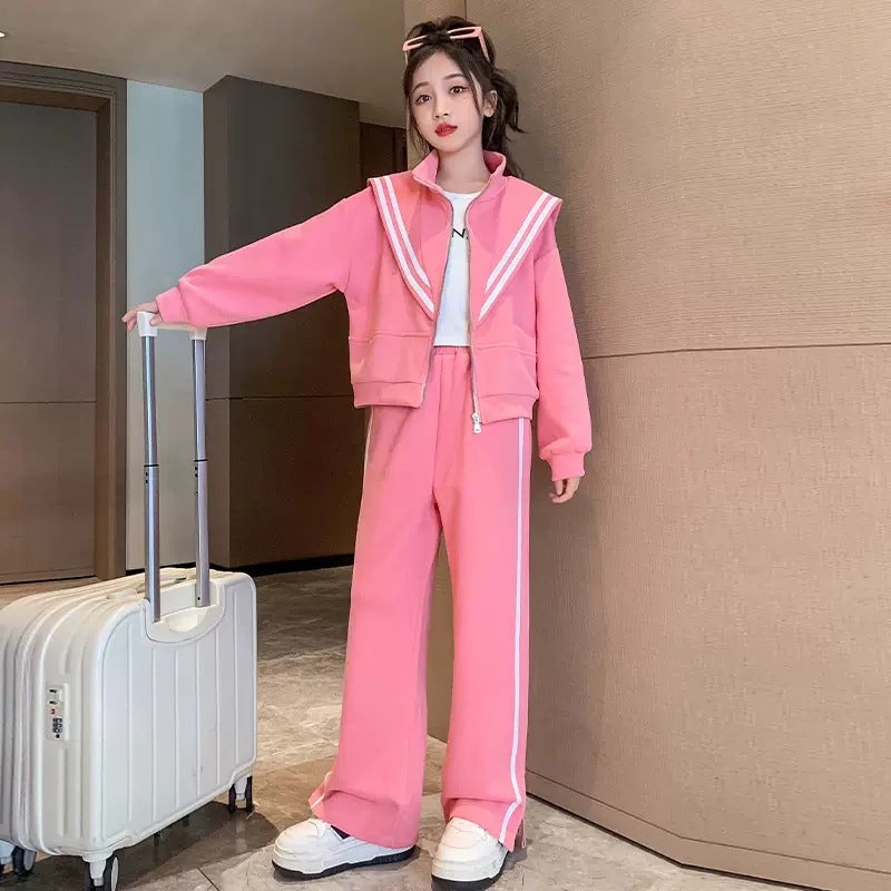 Girls Fashion Zip-Up Tracksuit Set Pink - Image 1