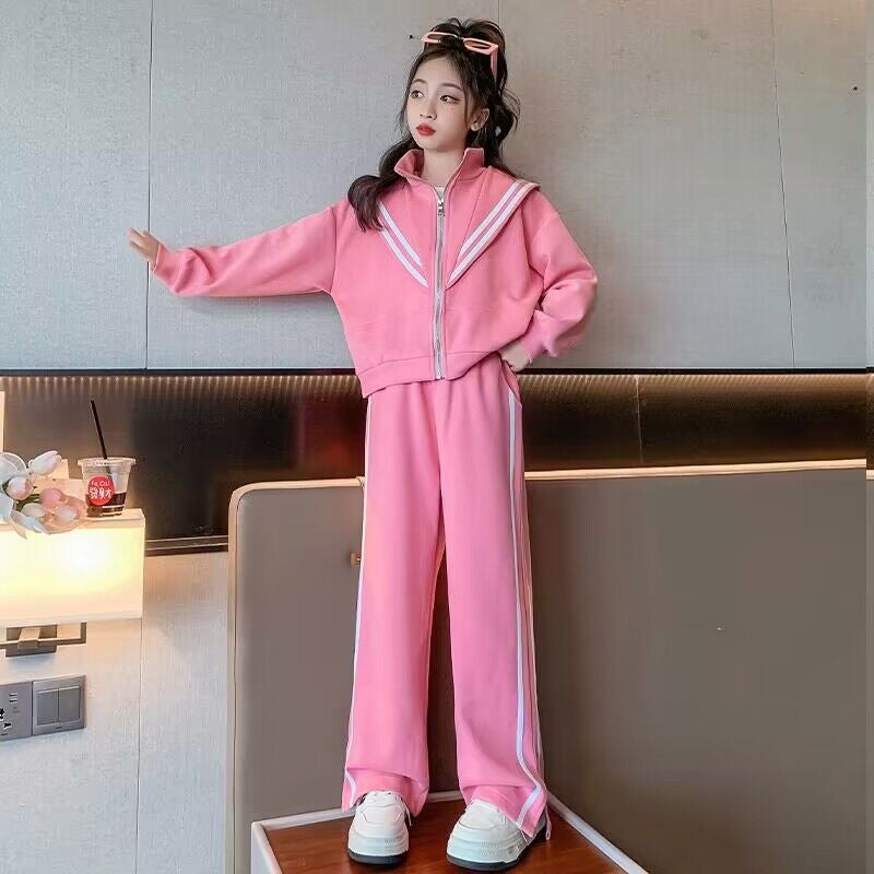 Girls Fashion Zip-Up Tracksuit Set Pink - Image 5