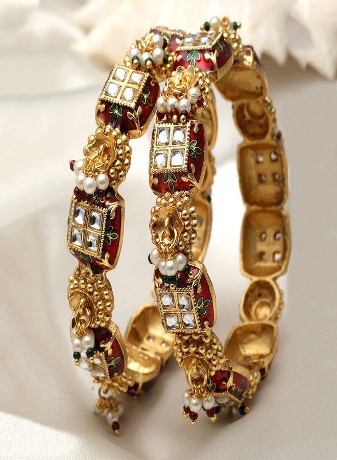 Karatcart Set of 2 Gold Plated Red Meena and Pearl Studded Bangles for Women - Image 4