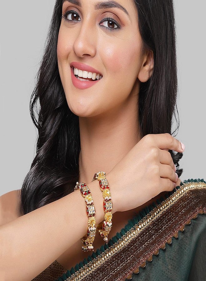 Karatcart Set of 2 Gold Plated Red Meena and Pearl Studded Bangles for Women - Image 3