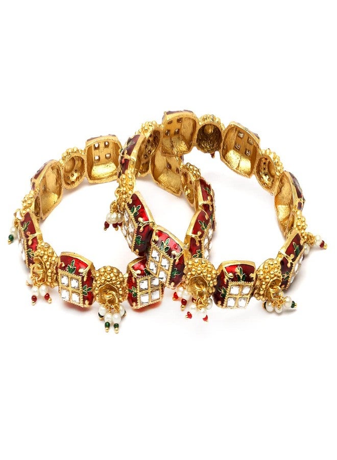 Karatcart Set of 2 Gold Plated Red Meena and Pearl Studded Bangles for Women - Image 1