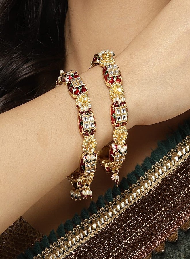 Karatcart Set of 2 Gold Plated Red Meena and Pearl Studded Bangles for Women - Image 2