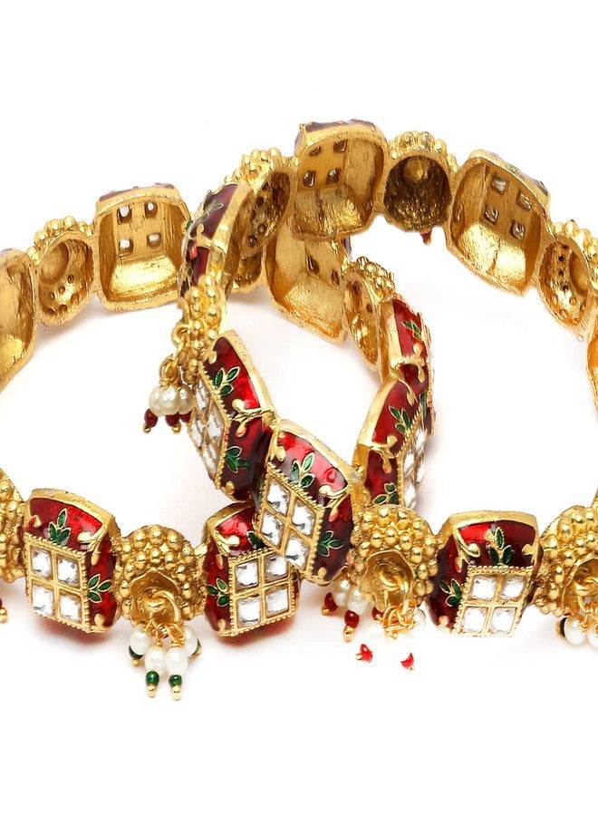 Karatcart Set of 2 Gold Plated Red Meena and Pearl Studded Bangles for Women - Image 5