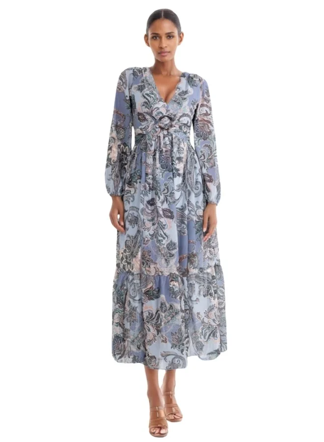 HaILYS Long Sleeve Boho Paisley Print Maxi Dress with Empire Waist - Blue and Multicolor