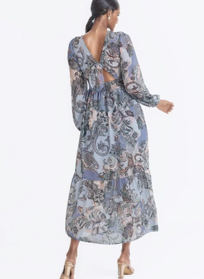 HaILYS Long Sleeve Boho Paisley Print Maxi Dress with Empire Waist - Blue and Multicolor