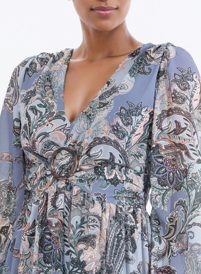 HaILYS Long Sleeve Boho Paisley Print Maxi Dress with Empire Waist - Blue and Multicolor