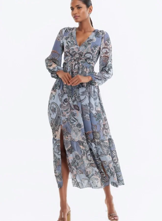 HaILYS Long Sleeve Boho Paisley Print Maxi Dress with Empire Waist - Blue and Multicolor