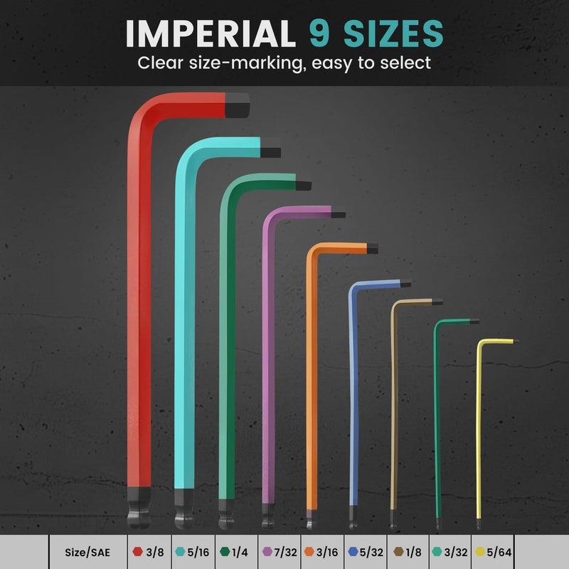 GURADESIGN 19-Piece Allen Wrenches Set, Hex Key Set,Metric and SAE Allen Key Set Extra Long with Ball End T-Handle, MM(1.5mm-10mm),SAE(5/64"-3/8") Chrome Vanadium Steel - Image 2