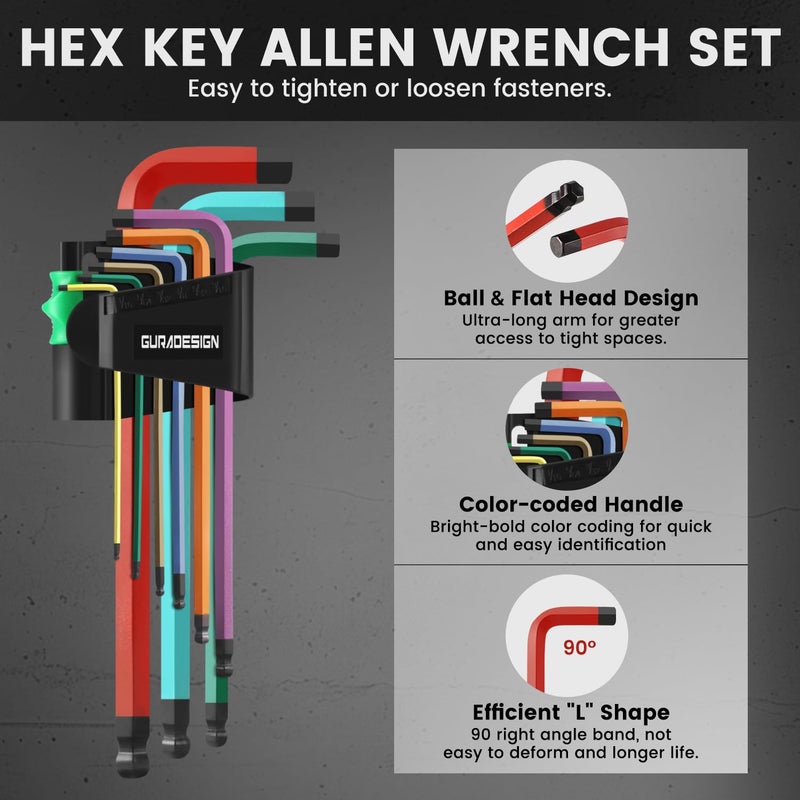 GURADESIGN 19-Piece Allen Wrenches Set, Hex Key Set,Metric and SAE Allen Key Set Extra Long with Ball End T-Handle, MM(1.5mm-10mm),SAE(5/64"-3/8") Chrome Vanadium Steel - Image 4
