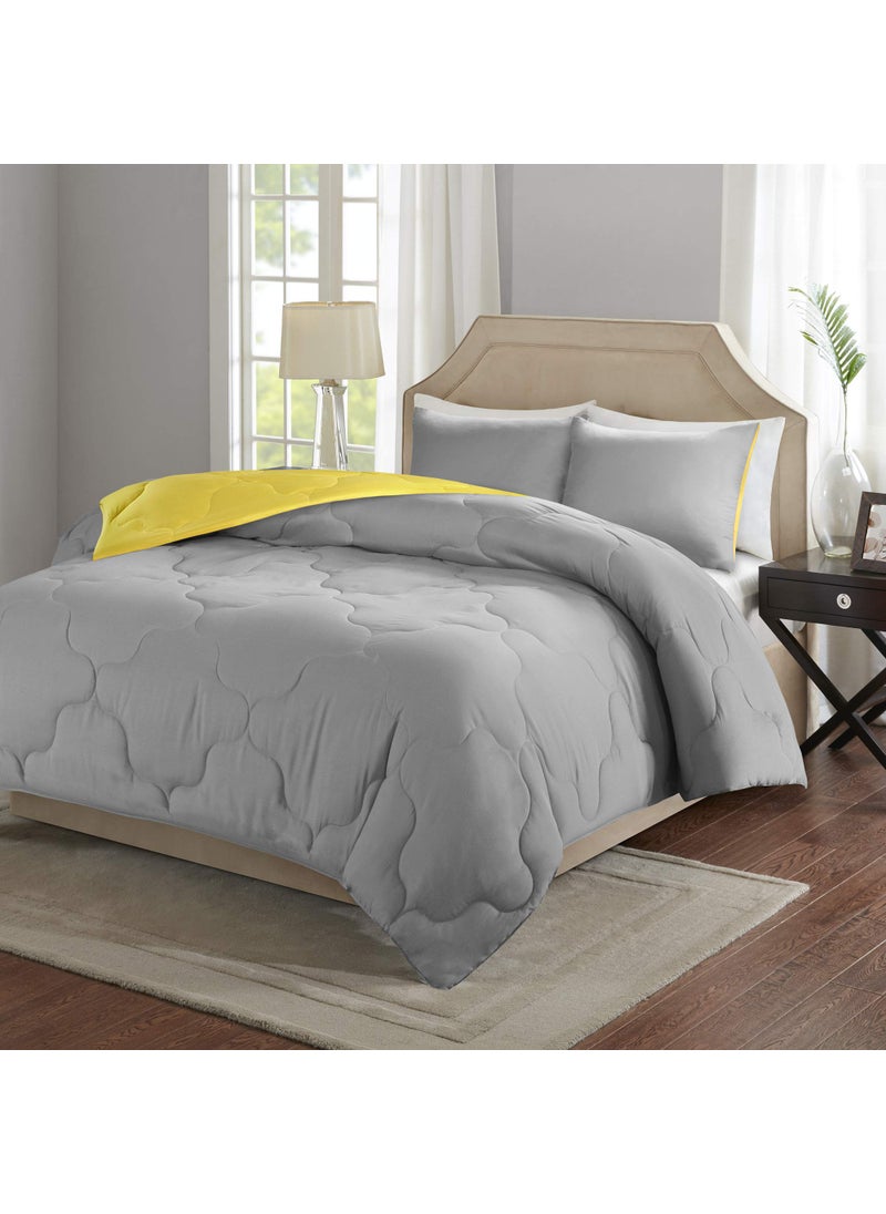 Comfort Spaces Comfort Spaces Vixie Reversible Comforter Set  Trendy Casual Geometric Quilted Cover All Season Down Alternative Cozy Bedding Matching Sham GreyYellow FullQueen 3 piece 