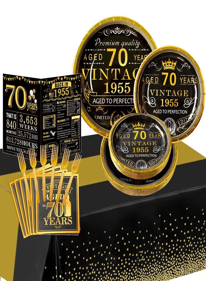 YeohJoy 70th Birthday Party Tableware Set,Back in 1955 70th Birthday Party Supplies Decorations,Include 1955 Anniversary Card,Tablecloth and Plates, Forks,Napkins 24 Guests for Men - Image 1
