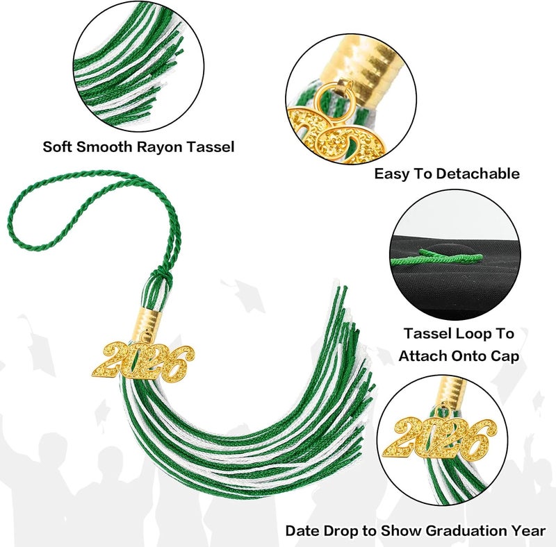 RHOttbiy 2026 Graduation Tassel,2026 Tassel Graduation,2026 Tassels for Graduations Cap with 2026 Year Gold Charms for Graduate Cap,Green White Graduations Tassels for Class of 2026 Grad Ceremonies Accessories - Image 4