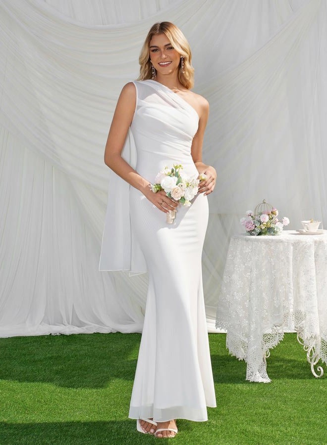 HTZMO Womens One Shoulder Formal Wedding Guest Maxi Dress Summer Bodycon Ruched Elegant Cocktail Party Long Dresses, White, M - Image 4