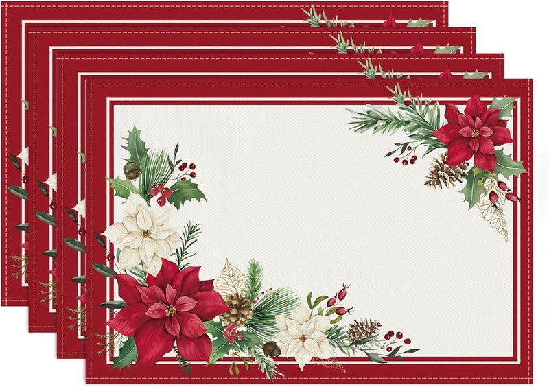 Bonhause مجموعة مفارش طاولة عيد الميلاد بونهاوس من 4 قطع بحجم 12x18 بوصة لموسم الشتاء للديكور المنزلي والاحتفالات الداخلية والخارجية - Image 1