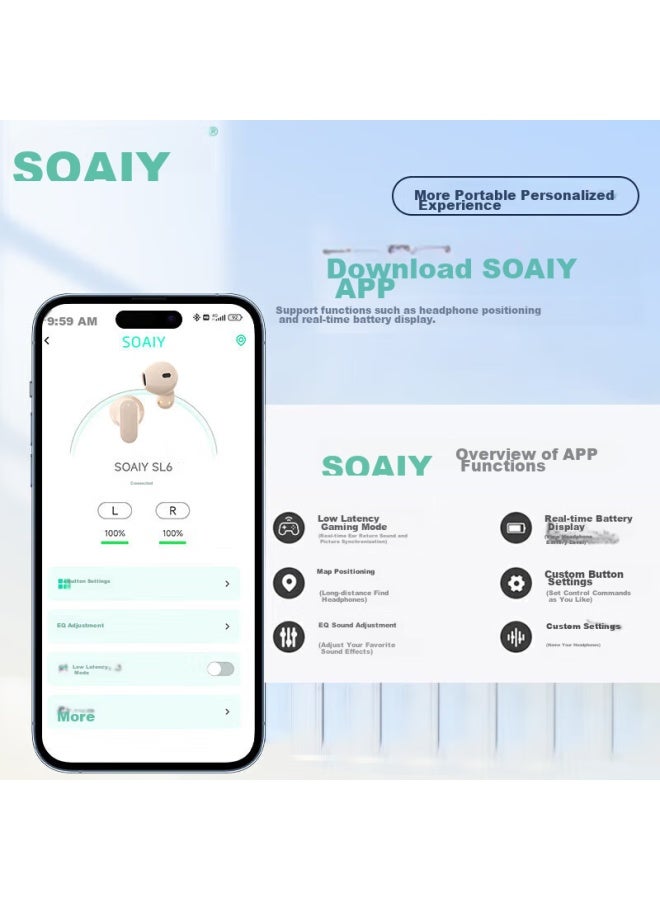 Soaiy Sl6 Upgraded Version True Wireless Bluetooth Earphones, Music And Call Noise Reduction, Long Battery Life, Compatible With Apple, Huawei, Xiaomi, Universal Black - Image 3