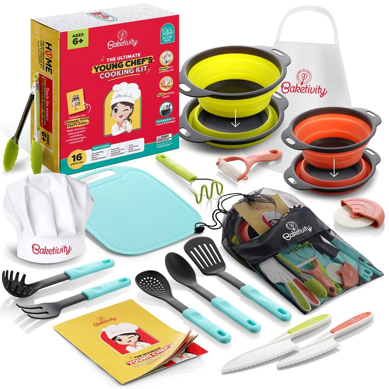 Baketivity Kids Cooking Set Real Utensils With Kitchen Tool Guide  Complete Junior Cooking Set Gift For Girls Or Boys With Mixing Bowls Cutting Board Knife Apron  Kids Baking Set For Real Cooking