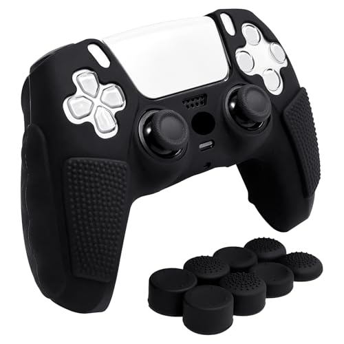 HLRAO Anti-Slip Black PS5 Controller Skin,Soft Thicken Studded Protective Silicone Cover Skin Grips Compatible with PS5/Slim/Pro Controller and 8 PCS Thumb Grips Caps. - Image 1