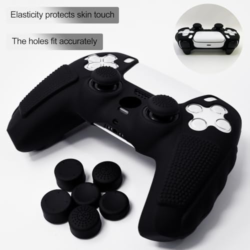 HLRAO Anti-Slip Black PS5 Controller Skin,Soft Thicken Studded Protective Silicone Cover Skin Grips Compatible with PS5/Slim/Pro Controller and 8 PCS Thumb Grips Caps. - Image 3