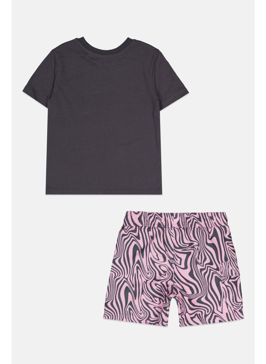 Reebok Kids Girl 2 Pieces Brand Logo T-Shirt and Shorts Set, Grey/Pink  - Image 2
