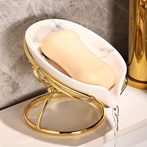 Dobbyby Leaf-Shaped Ceramic Soap Dish with Drain, Holder, Saver, Tray, Bar Soap Holder, Easy Cleaning, for Shower Bathroom Kitchen Sink Bathtub, Pro-Environment White - Image 1