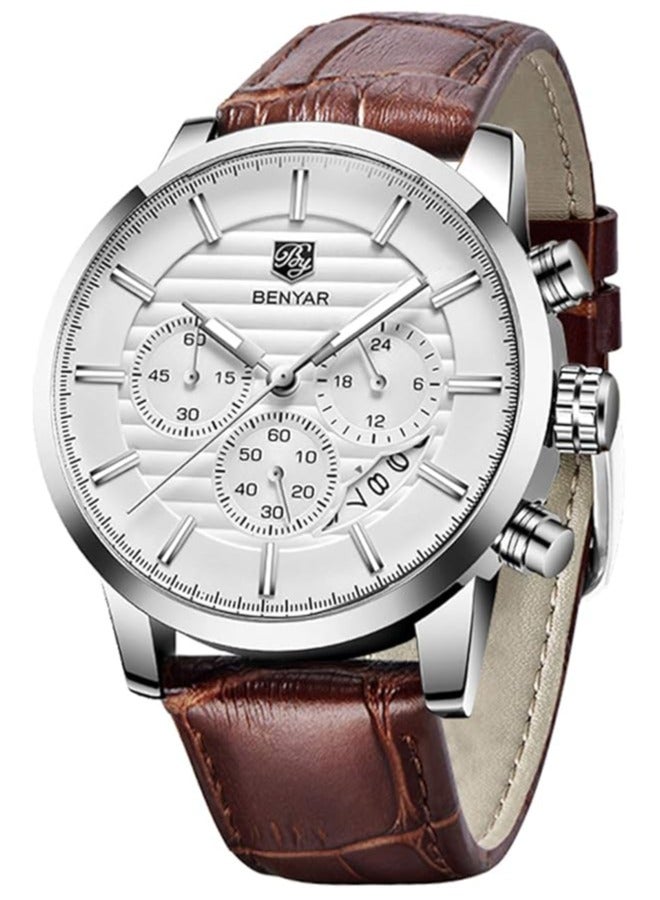 BENYAR Mens Watches Multifunction Chronograph Date Quartz Watch for Men Brown Leather Band Analog Wrist Watch Gift for Men Casual Business - Image 1