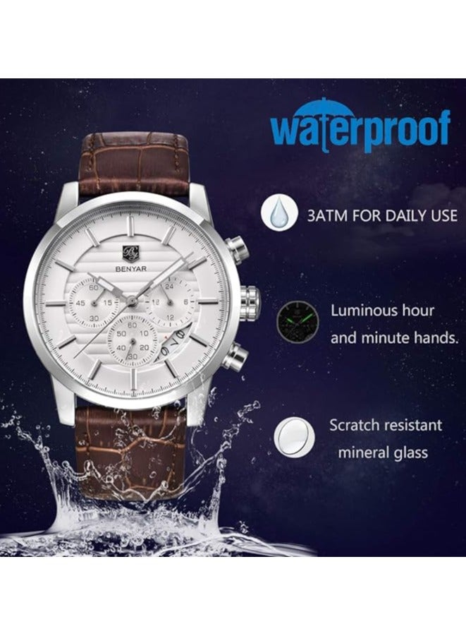 BENYAR Mens Watches Multifunction Chronograph Date Quartz Watch for Men Brown Leather Band Analog Wrist Watch Gift for Men Casual Business - Image 3