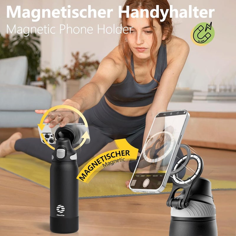 FjBottle Thermal Water Bottle with Straw, Magnetic Handle Phone Holder + Double Drinking System Sports Bottle 1L/700/600 ml – 1 Click Opening/BPA/Leak Free for Gym, Yoga - Image 3