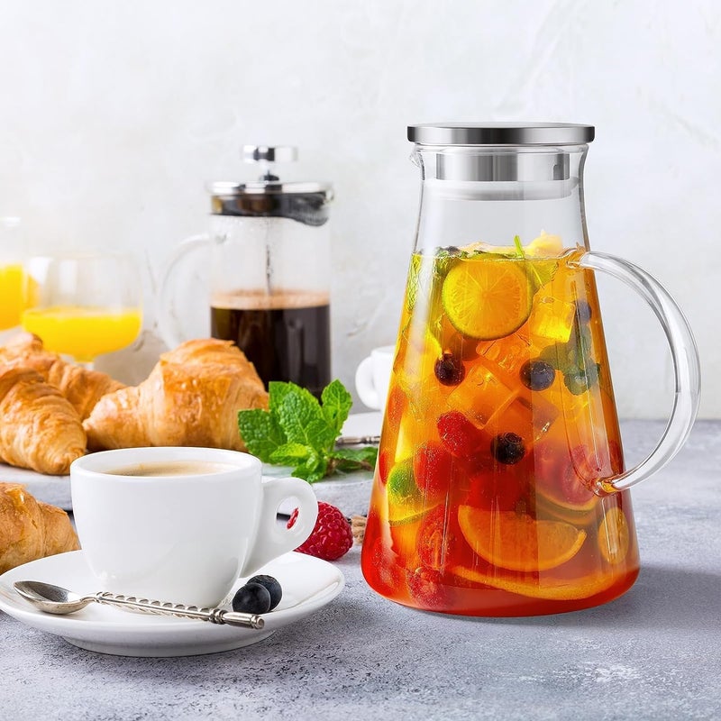 JIRLY إبريق ماء من زجاج البوروسيليكات سعة 1.8 لتر، غطاء من الفولاذ المقاوم للصدأ، إبريق للمشروبات مثل الشاي المثلج والماء الساخن والبارد والحليب والعصير، للتقديم - Image 2