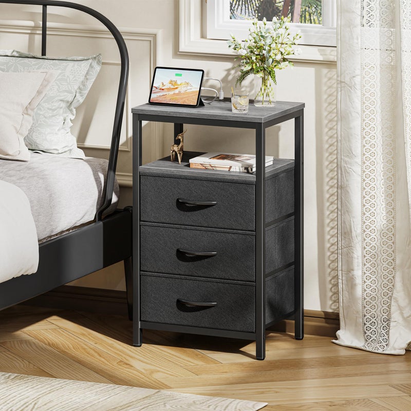 Huuger Nightstand with Charging Station, 27.6 Inch End Table Bedside Table with USB Ports and Outlets, Fabric Drawers, Night Stand for Bedroom, Charcoal Gray - Image 3