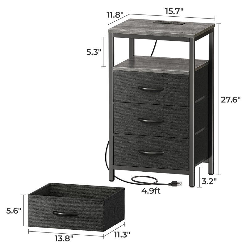 Huuger Nightstand with Charging Station, 27.6 Inch End Table Bedside Table with USB Ports and Outlets, Fabric Drawers, Night Stand for Bedroom, Charcoal Gray - Image 4