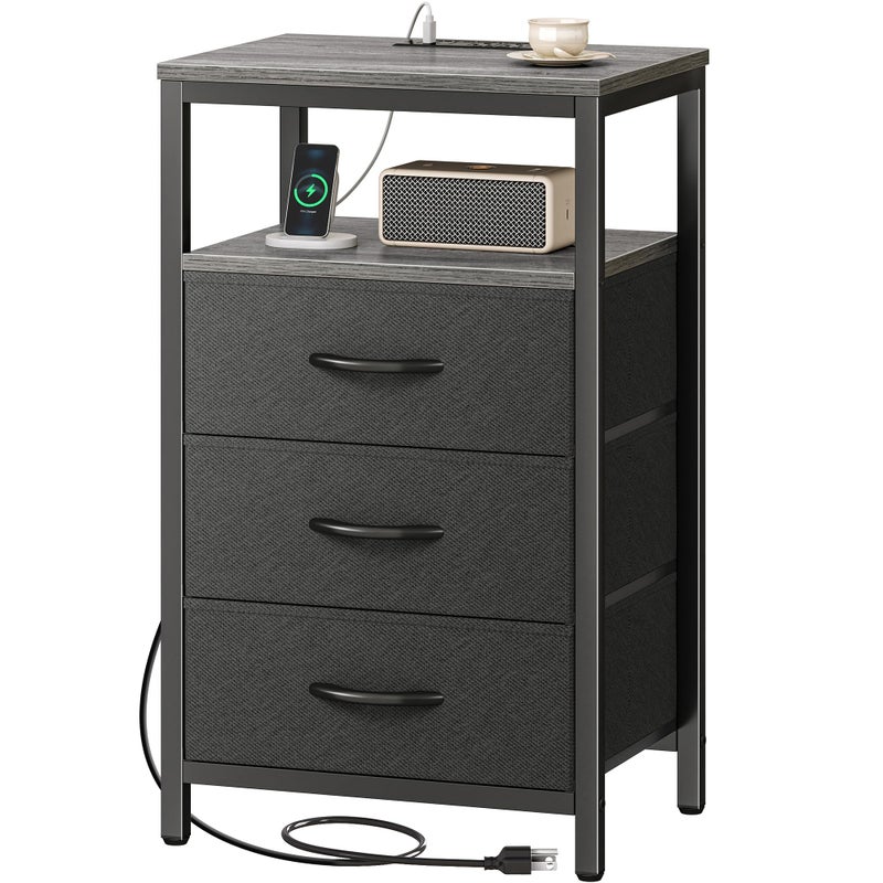 Huuger Nightstand with Charging Station, 27.6 Inch End Table Bedside Table with USB Ports and Outlets, Fabric Drawers, Night Stand for Bedroom, Charcoal Gray - Image 1