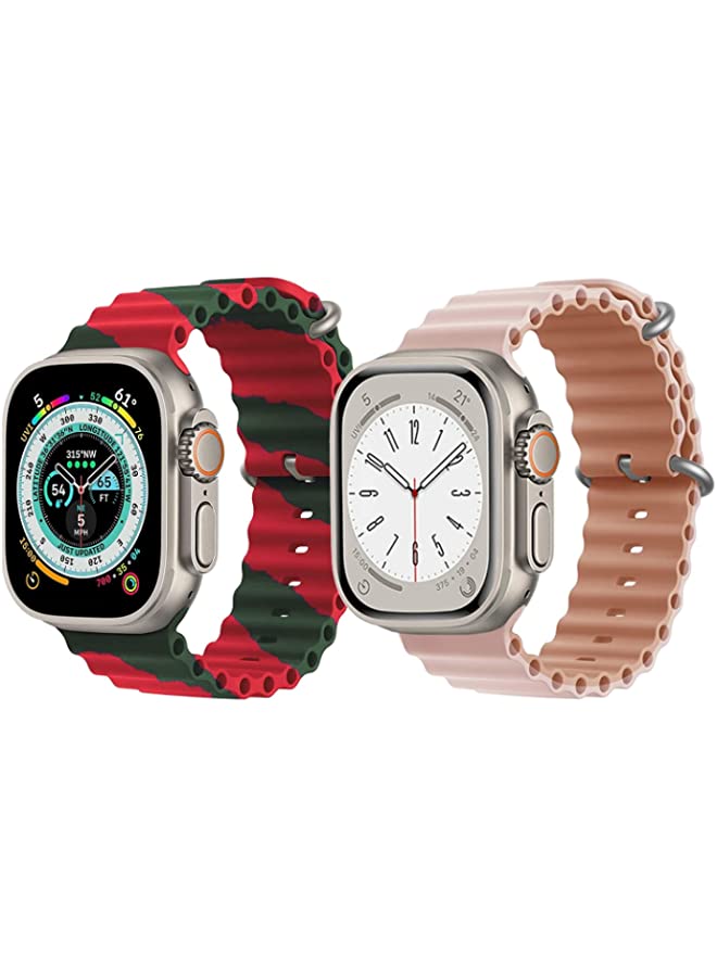 IAF Silicone Ocean Band Strap for Apple Watch Ultra 8 49mm Red/Green Double Line Strap with Pink/Beige Double Side Strap Set of 2