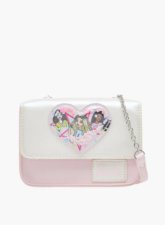 Barbie Girls Heart Accent Crossbody Bag with Chain Accented Strap and Flap Closure