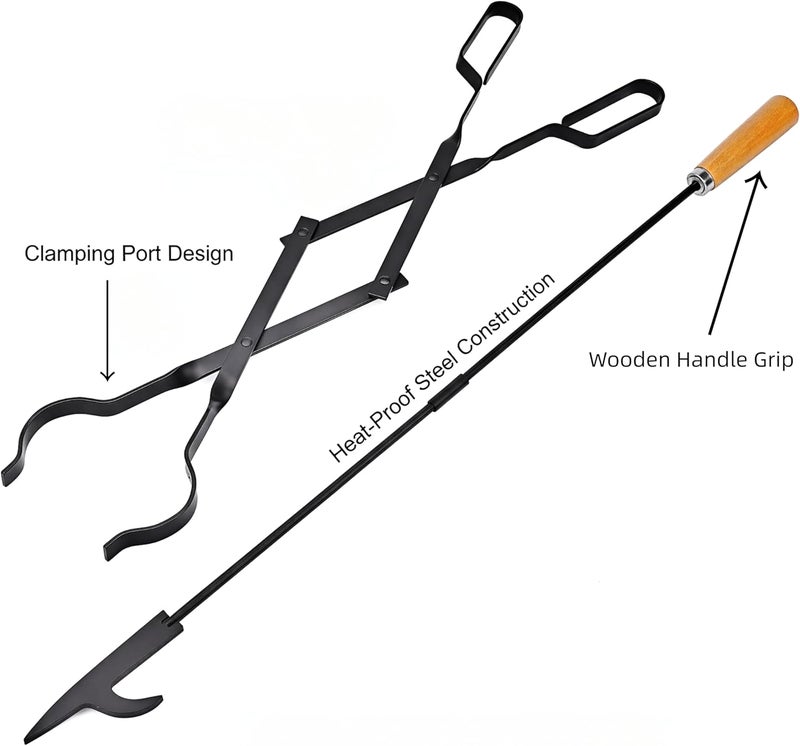 إسكدنيا 26” Fireplace Tongs and 32” Fireplace Poker for Fire Pit Heavy Duty Tool Sets, Large Fire Pit Tool with Wooden Handle for Camping, Fireplace, Bonfires, Rust Resistant Portable - Image 2