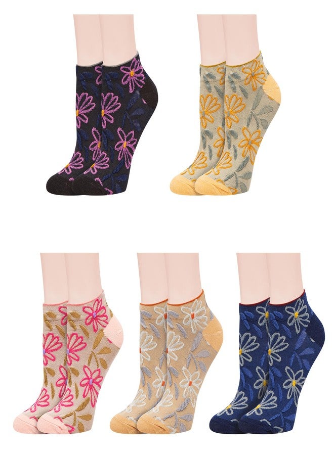 Violet Mist 5 Pairs Cute Floral Ankle Socks Vintage Patterned Cottagecore Frilly Short Casual Cotton Socks Novelty Fancy Kawaii Embroidered Lettuce Flower No Show for Girls Women - Image 1