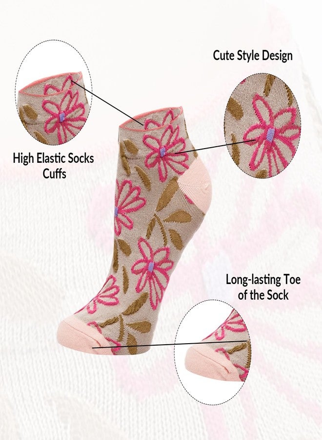 Violet Mist 5 Pairs Cute Floral Ankle Socks Vintage Patterned Cottagecore Frilly Short Casual Cotton Socks Novelty Fancy Kawaii Embroidered Lettuce Flower No Show for Girls Women - Image 5